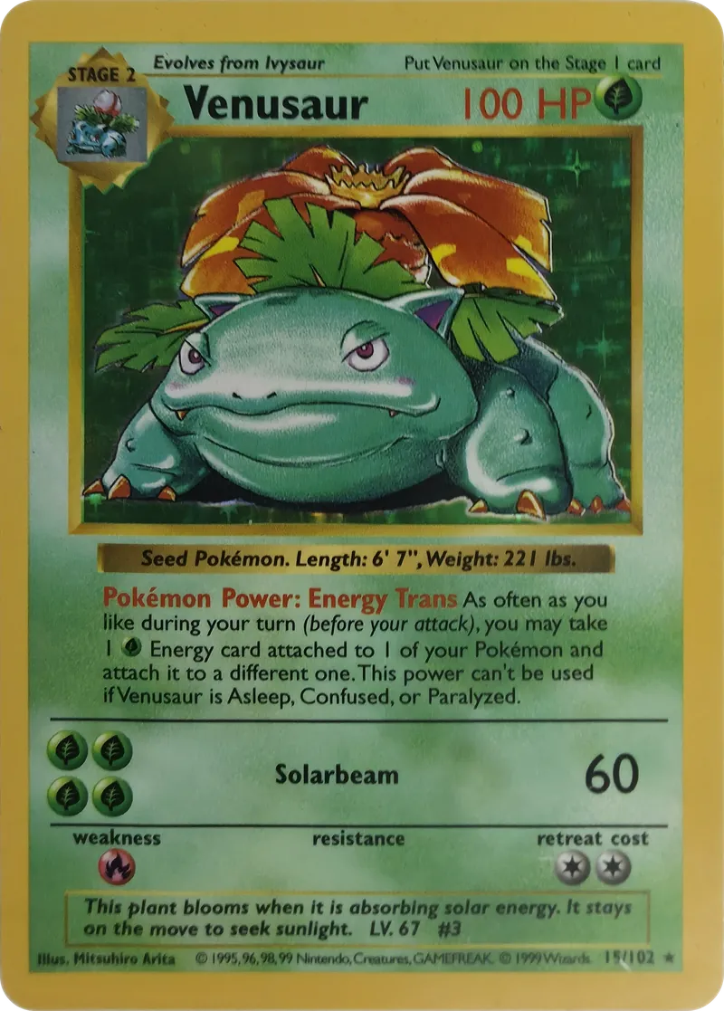 1999 Pokemon Base Set Shadowless Venusaur #15/102 Holo Rare, front