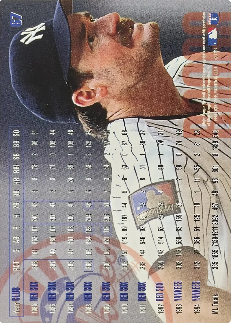 1995 Fleer Wade Boggs #67 New York Yankees Hall of Famer, back