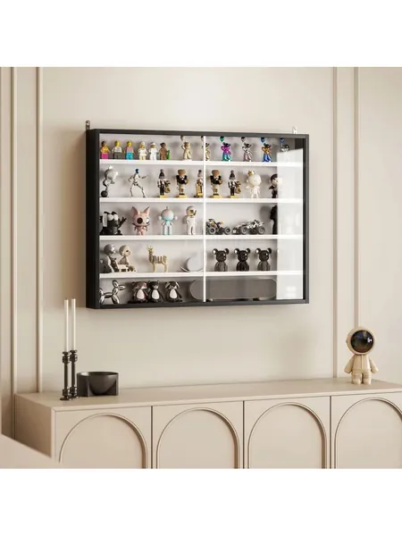 Wall-Mounted Glass Display Case, 5-Tier Adjustable Shelves, Black/Whit, photo 1