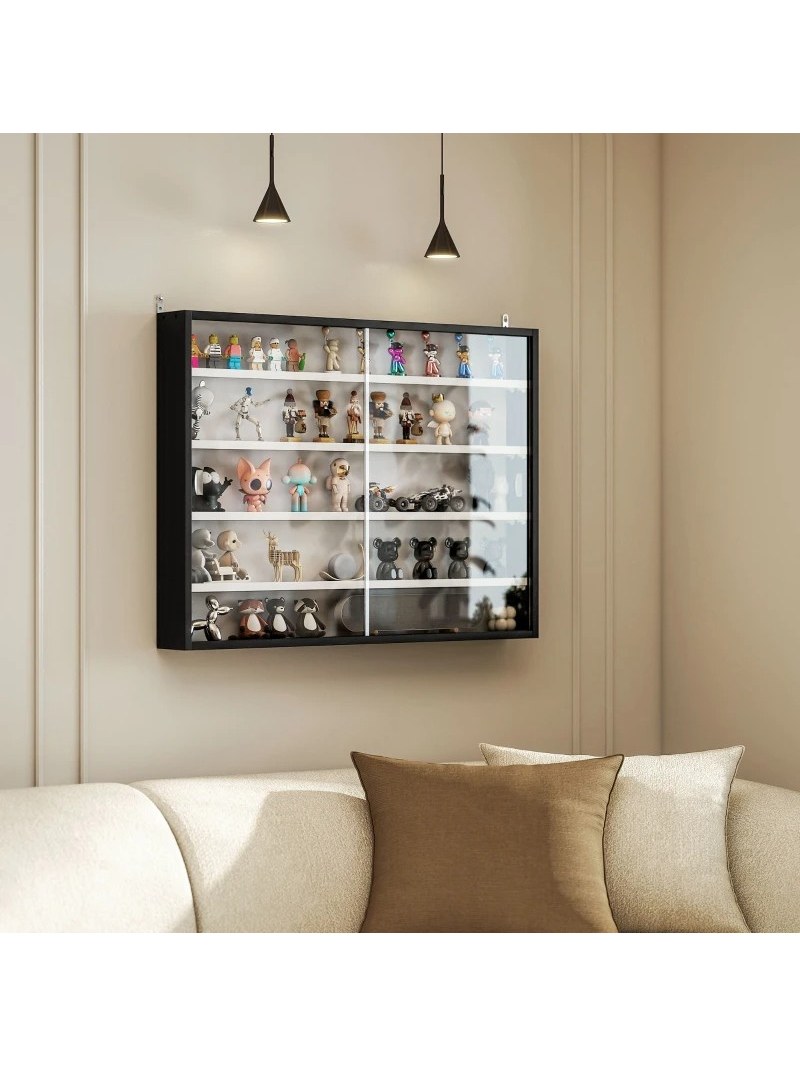 Wall-Mounted Glass Display Case, 5-Tier Adjustable Shelves, Black/Whit, photo 2
