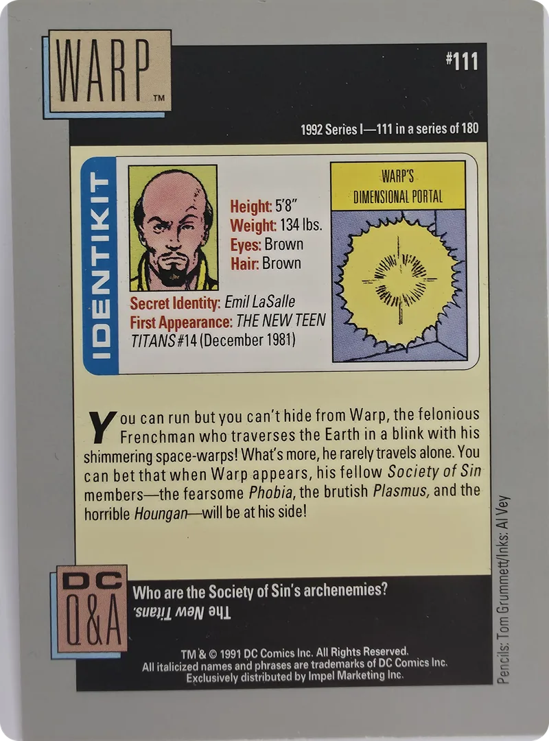 1992 Impel DC Comics Series I Warp, back