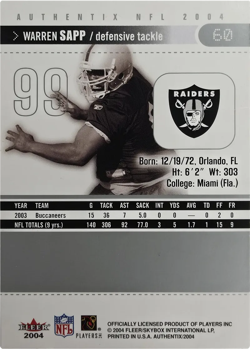 2004 Fleer Authentix Warren Sapp #60, back