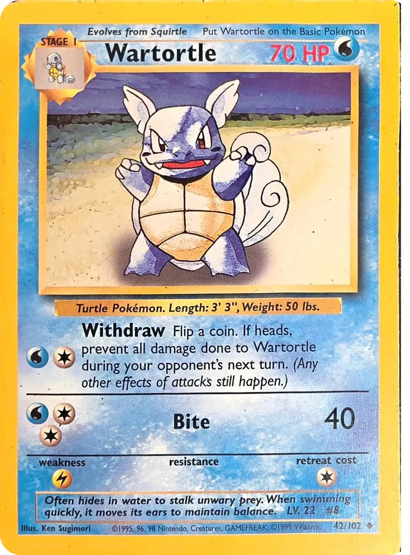 1999 Pokemon Base Set Wartortle #42/102 Unlimited Uncommon, front