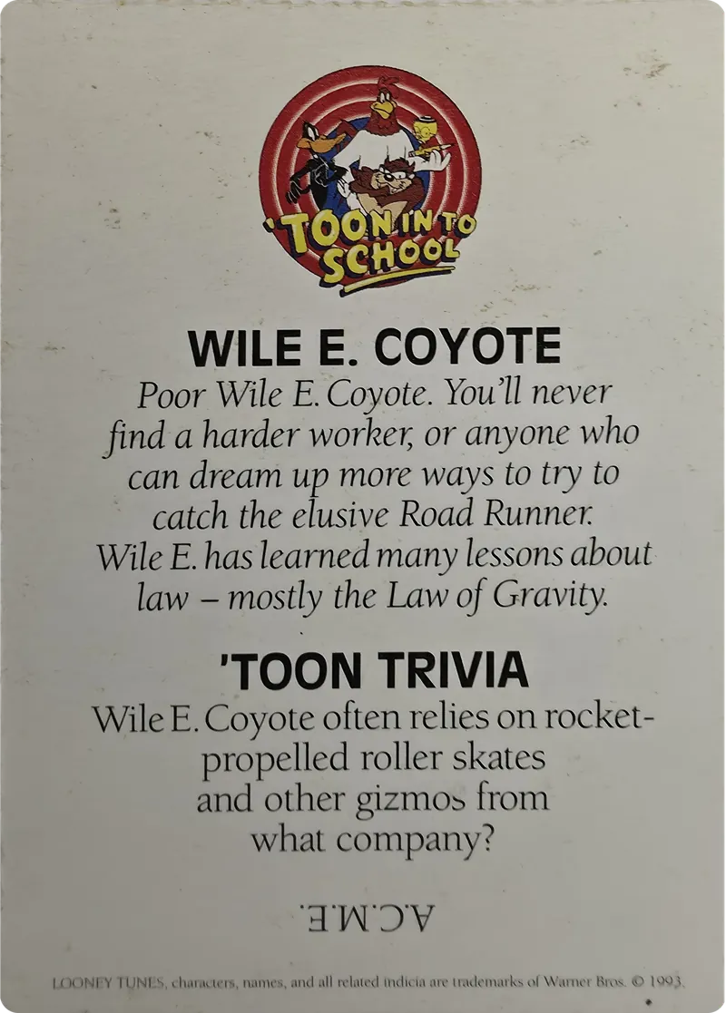 1993 Warner Bros. Looney Tunes 'Toon In To School Wile E. Coyote, back