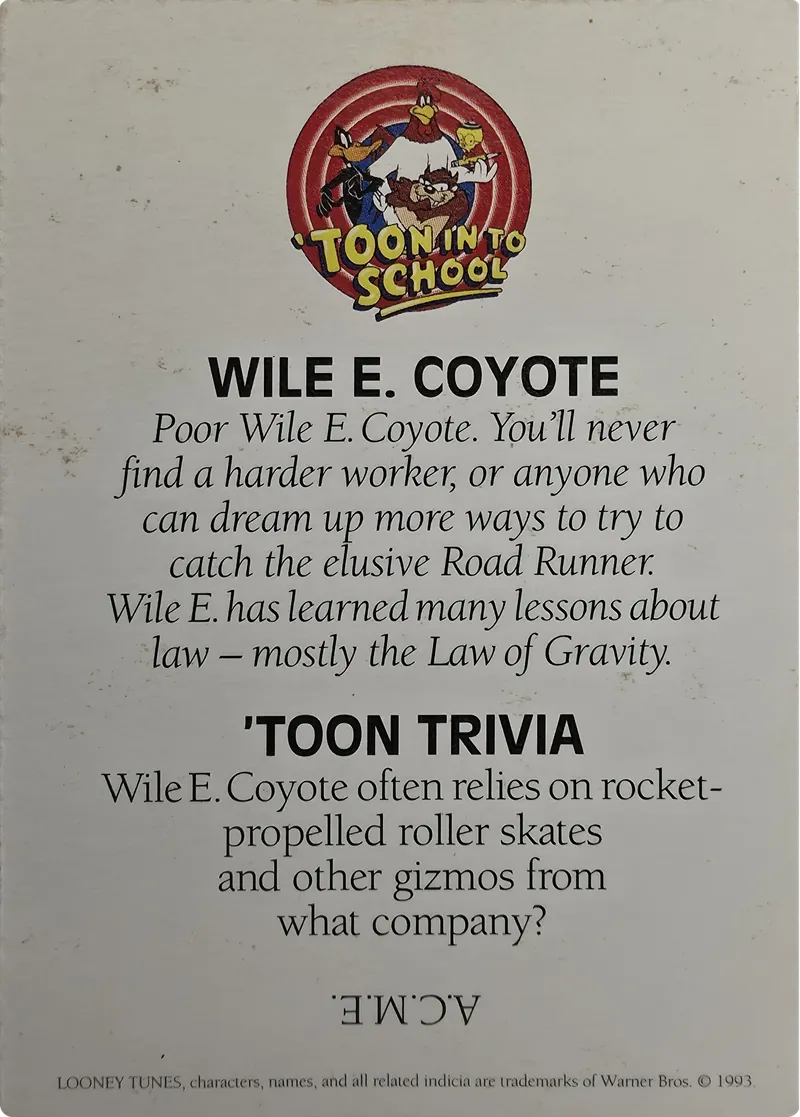 1993 Warner Bros. Looney Tunes 'Toon In To School Wile E. Coyote, back
