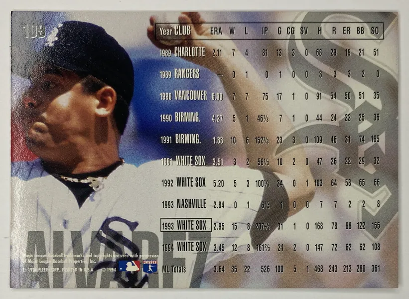 1995 Fleer Wilson Alvarez #109 Chicago White Sox back