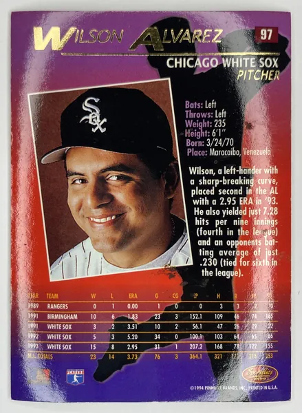 1994 Sportflics 2000 Wilson Alvarez #97 Chicago White Sox back