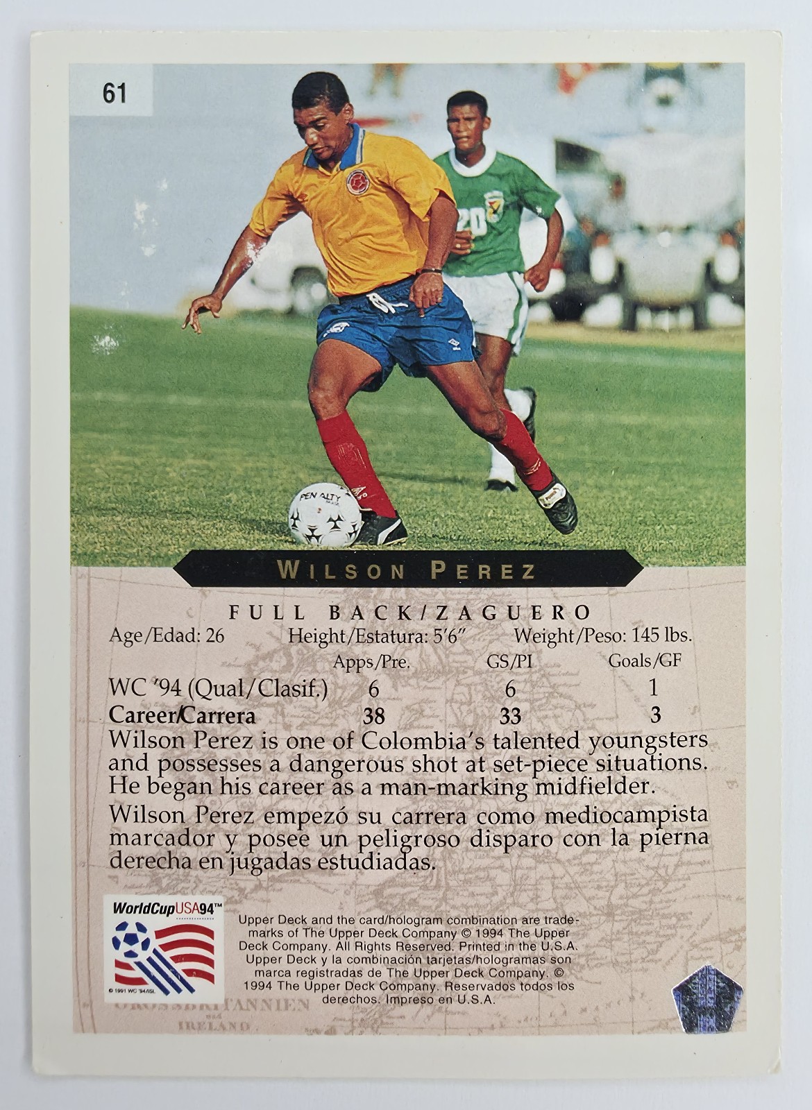 1994 Upper Deck World Cup English/Spanish Wilson Perez #61 Colombia back