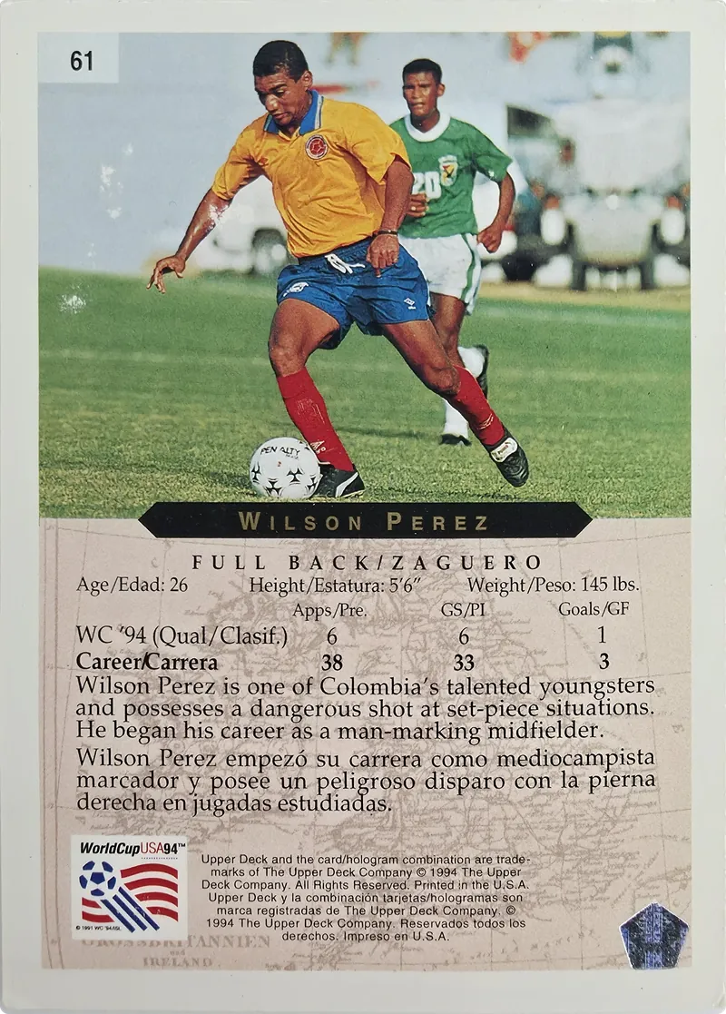 1994 Upper Deck World Cup English/Spanish Wilson Perez #61 Colombia, back
