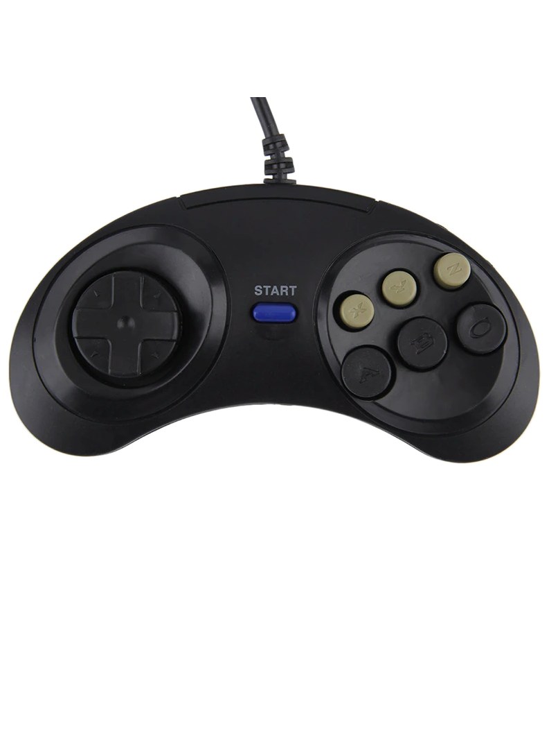 Two black wired 6-button retro controllers, photo 1