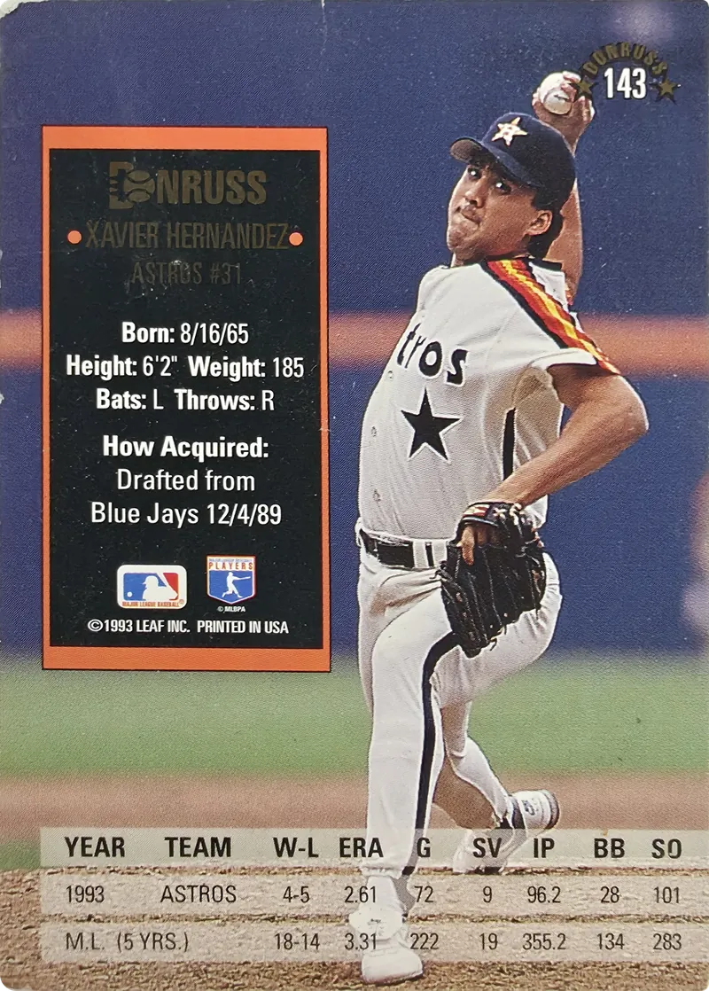1994 Donruss Xavier Hernandez #143 Houston Astros, back