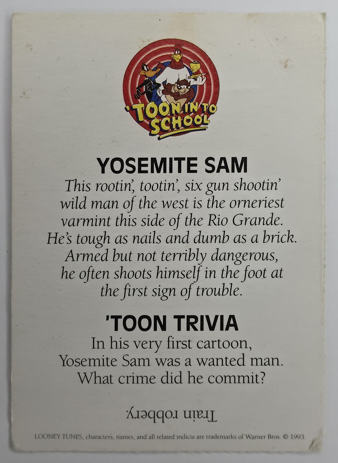 Yosemite Sam 'Toon In To School card back