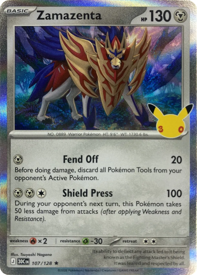 2026 Pokemon 30th Celebration Zamazenta #107/128 Holo Rare front