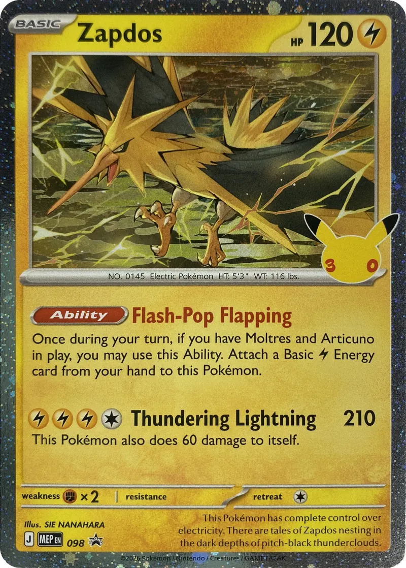 2026 Pokemon MEP Black Star Promo Zapdos #098 30th Celebration Holo front